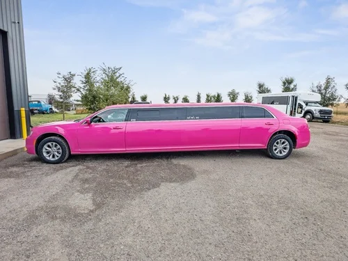 image of 10 passenger pink Chrysler limousine full length driver side view