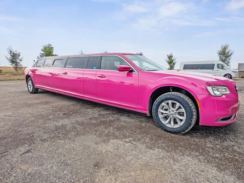 image of 10 passenger pink Chrysler limousine front passenger side angle