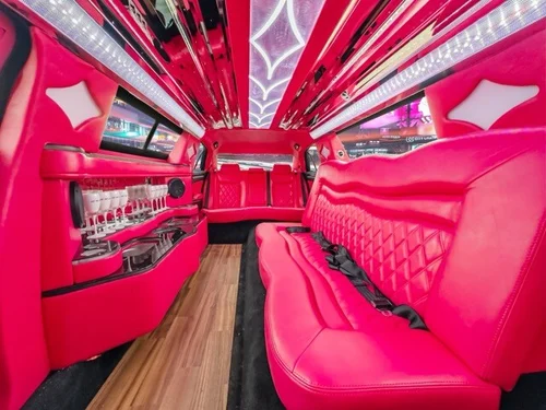 image of 10 passenger pink Chrysler limousine interior taken from front passenger side door