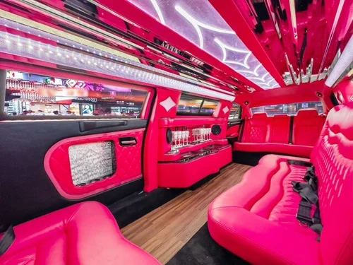 image of 10 passenger pink Chrysler limousine interior taken from front bench seat driver side