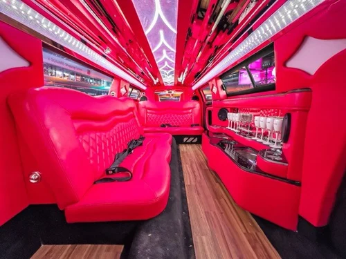 image of 10 passenger pink Chrysler limousine interior taken from rear bench seat center