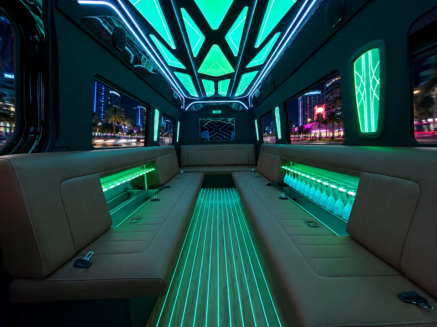 image of 20 passenger party bus interior taken from the back