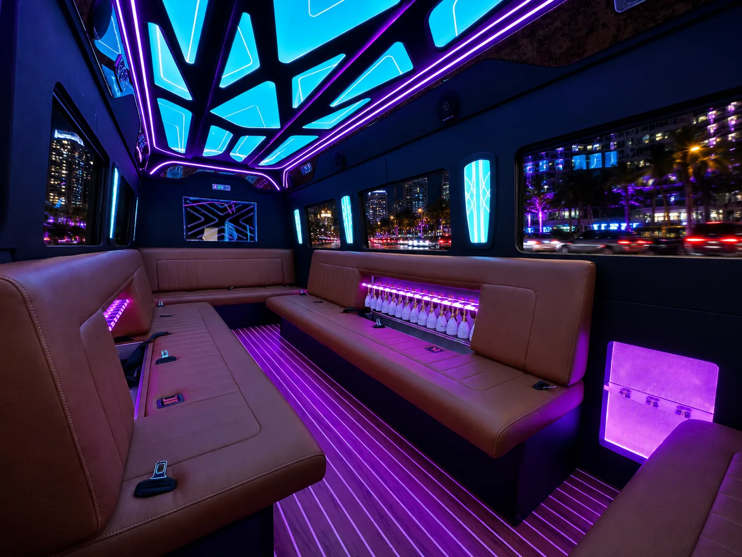 image of 20 passenger party bus interior taken from the front