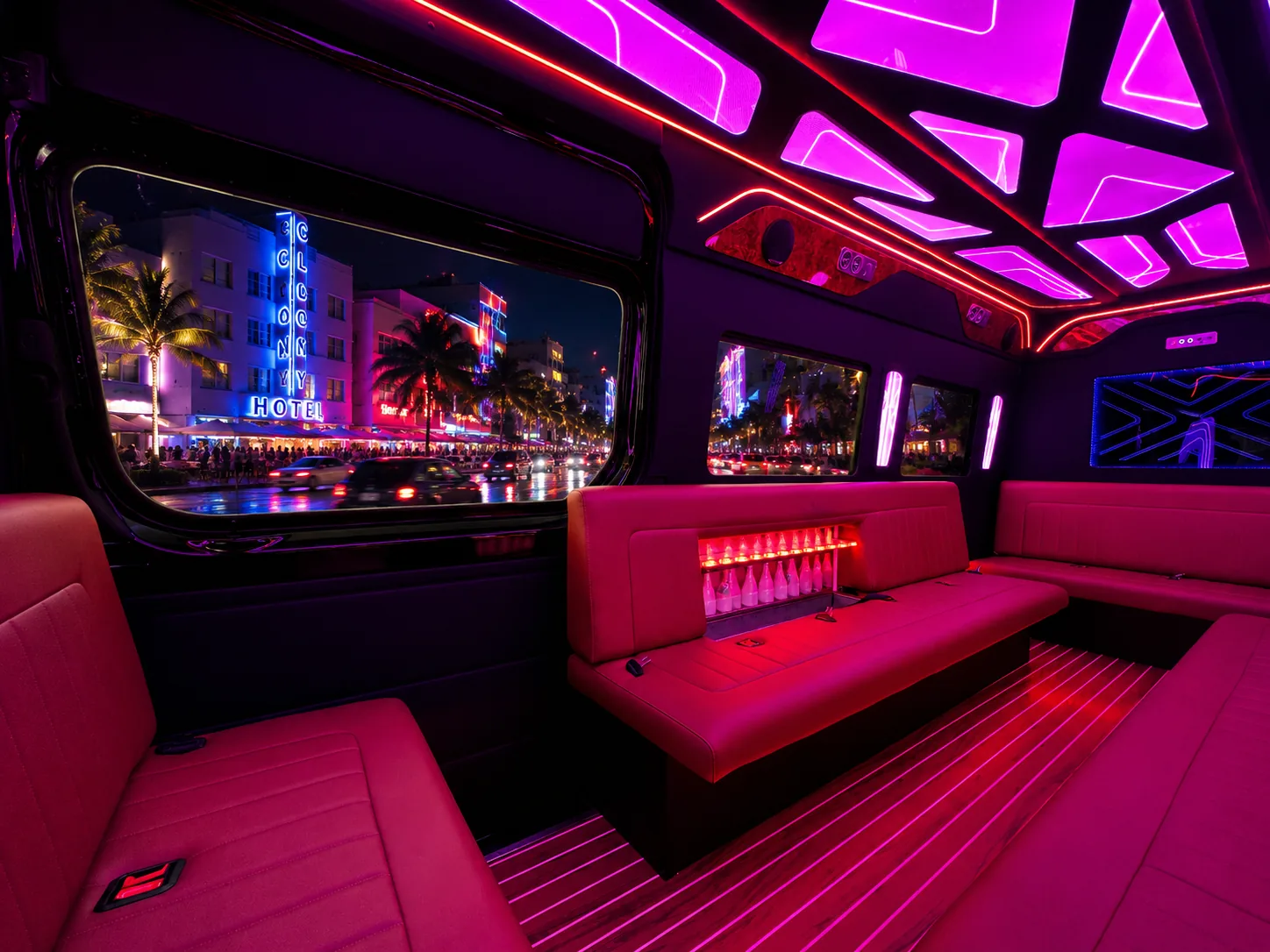 image of 20 passenger party bus interior front bench and passenger side window taken from driver side front bench