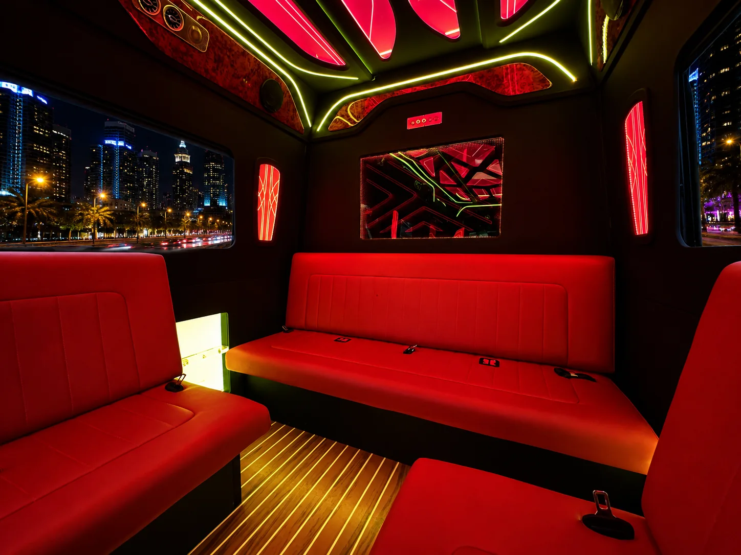 image of 20 passenger party bus lit interior taken from front entryway