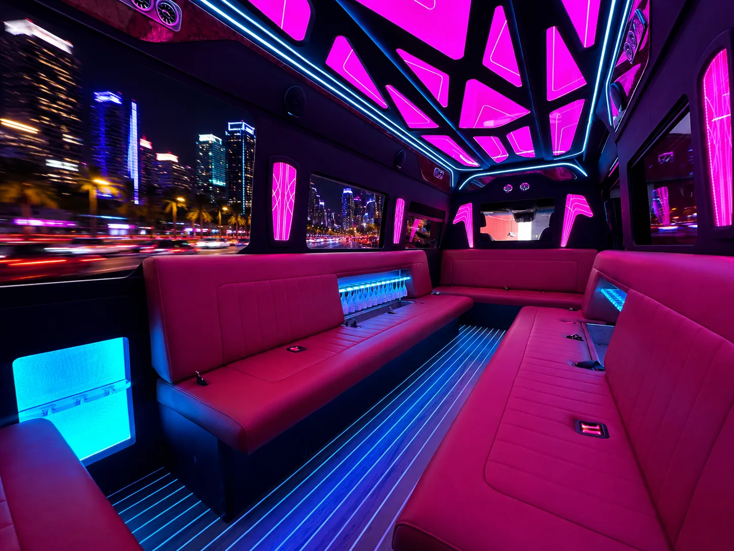 image of 20 passenger party bus lit interior taken from rear driver side corner