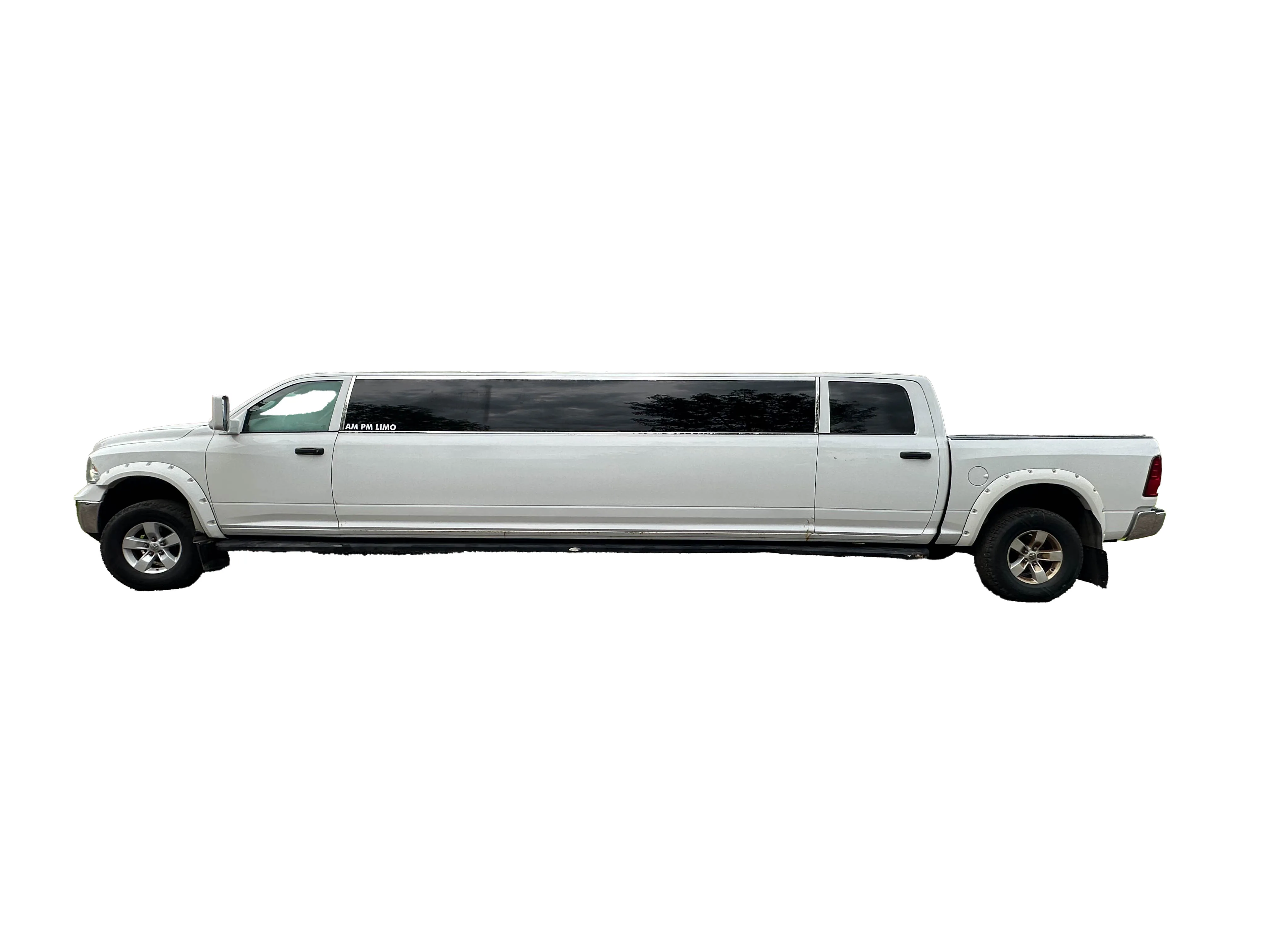 image of 16 passenger white Dodge Ram stretched limousine front driver side