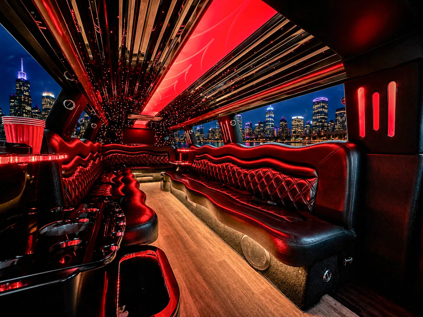 image of 16 passenger white Dodge Ram stretched limousine interior lighting