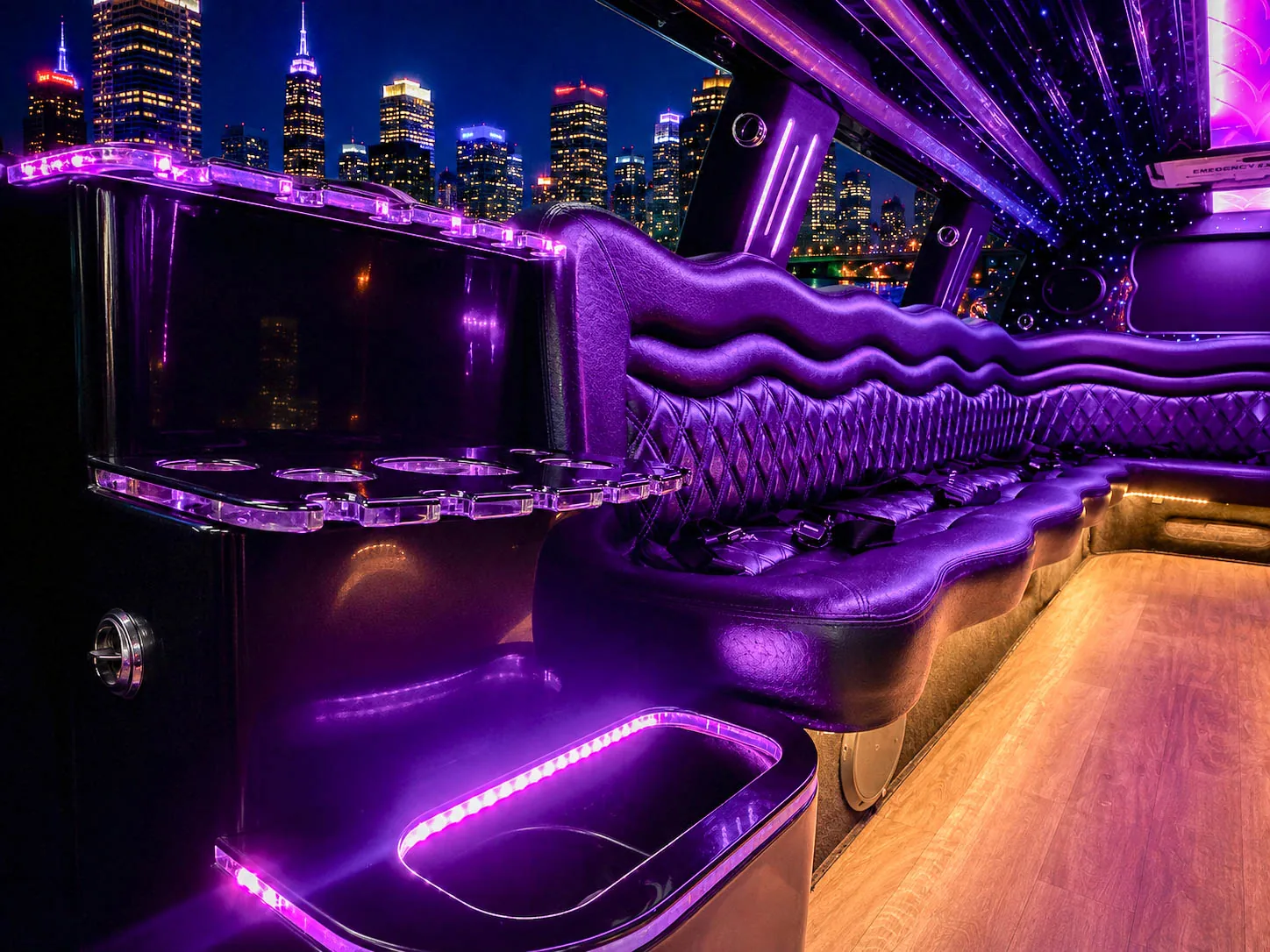 image of 16 passenger white Dodge Ram stretched limousine interior bar