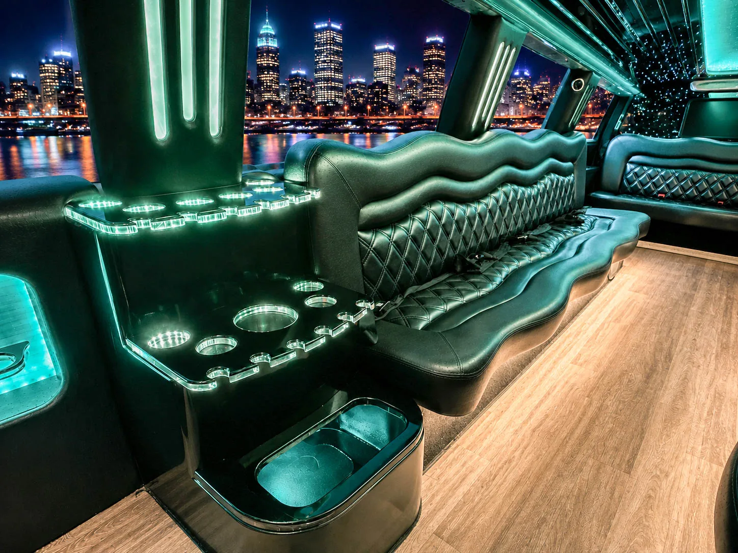 image of 16 passenger white Dodge Ram stretched limousine interior rear bench