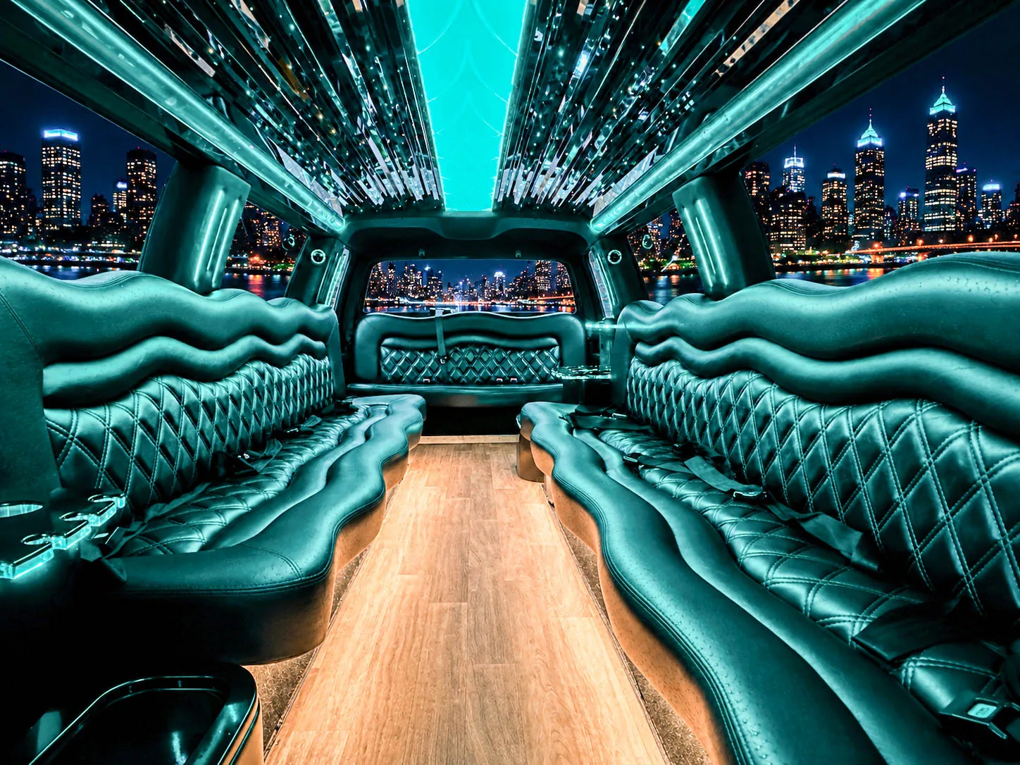 image of 16 passenger white Dodge Ram stretched limousine interior from rear