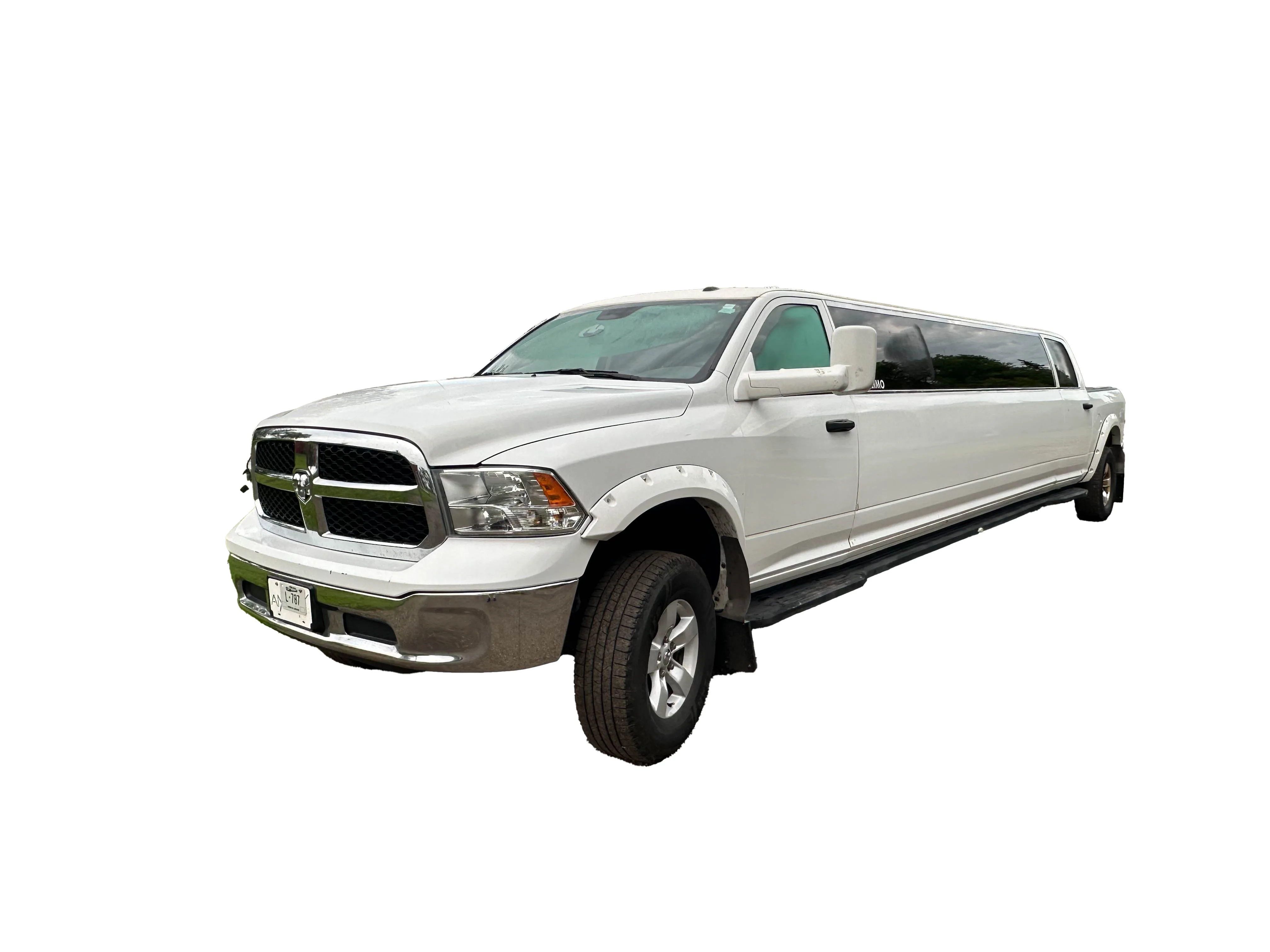 image of 16 passenger white Dodge Ram stretched limousine exterior front
