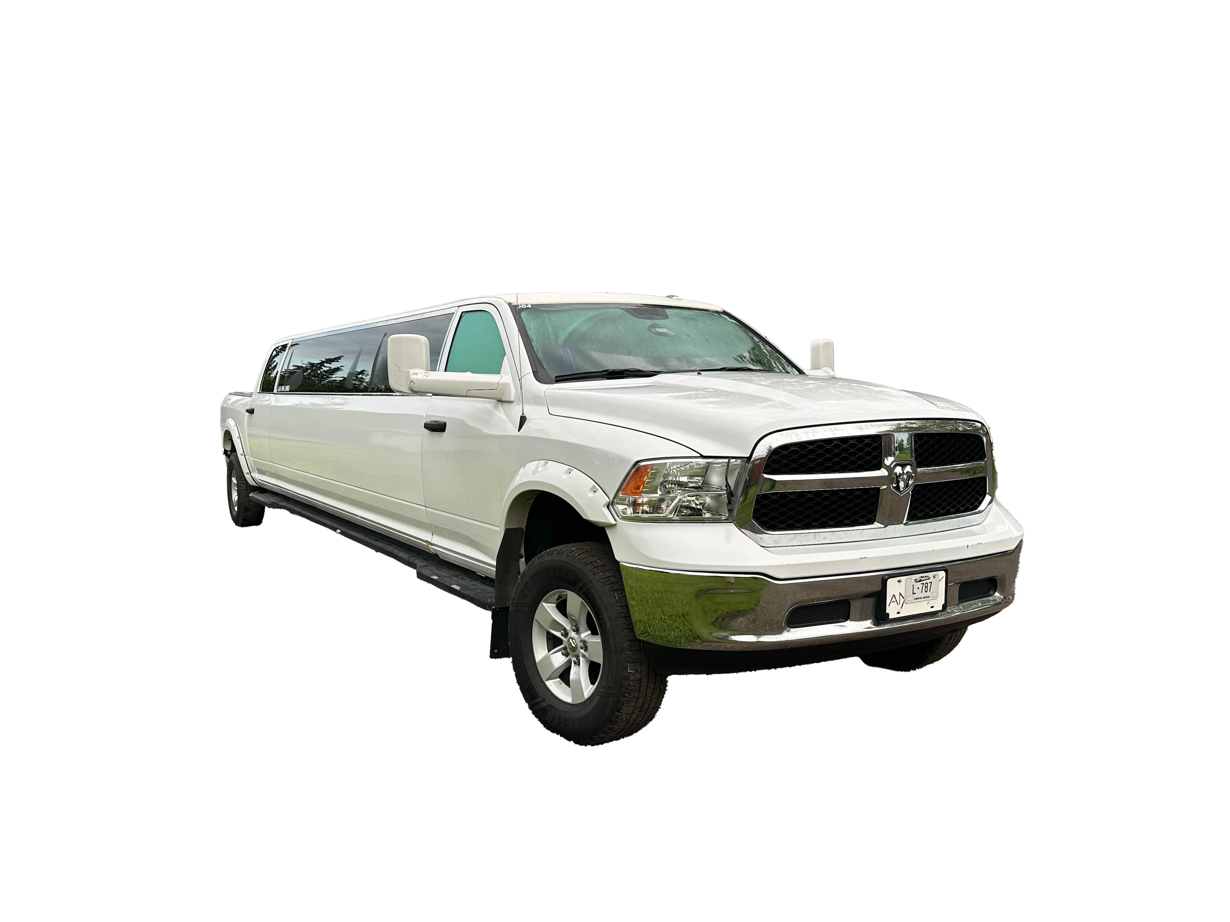 image of 16 passenger white Dodge Ram stretched limousine side exterior