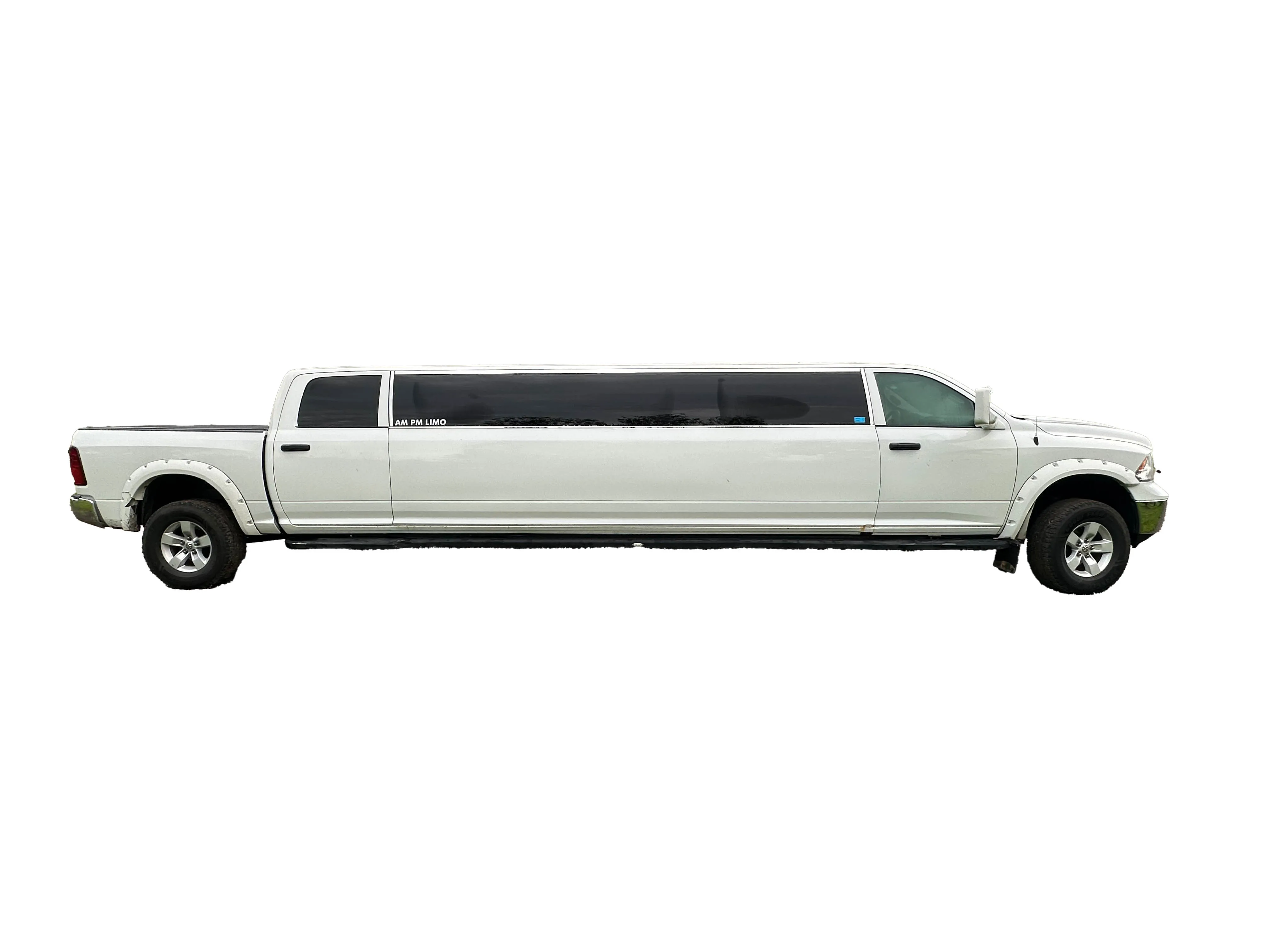 image of 16 passenger white Dodge Ram stretched limousine passenger side