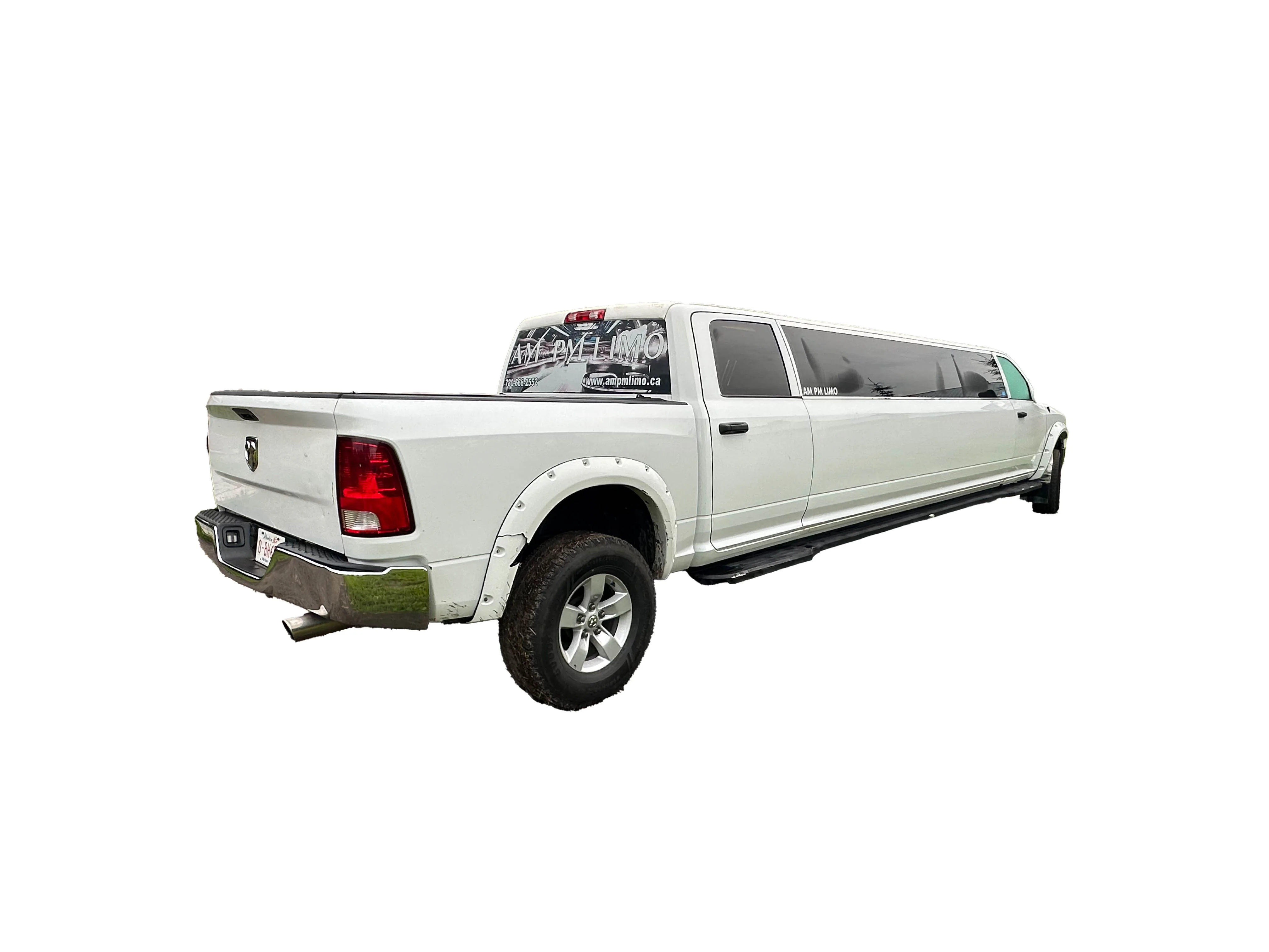 image of 16 passenger white Dodge Ram stretched limousine rear exterior
