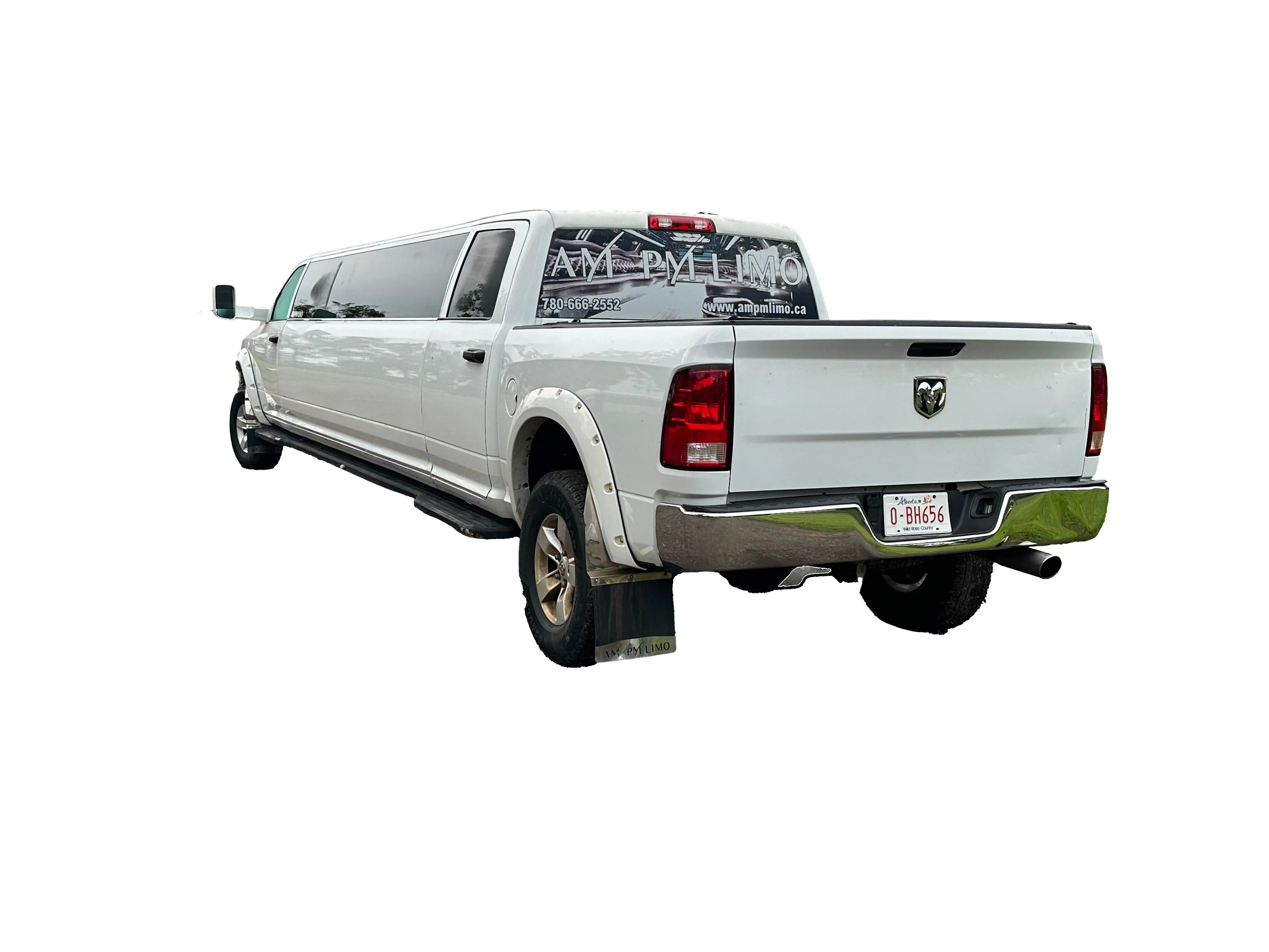 image of 16 passenger white Dodge Ram stretched limousine angle