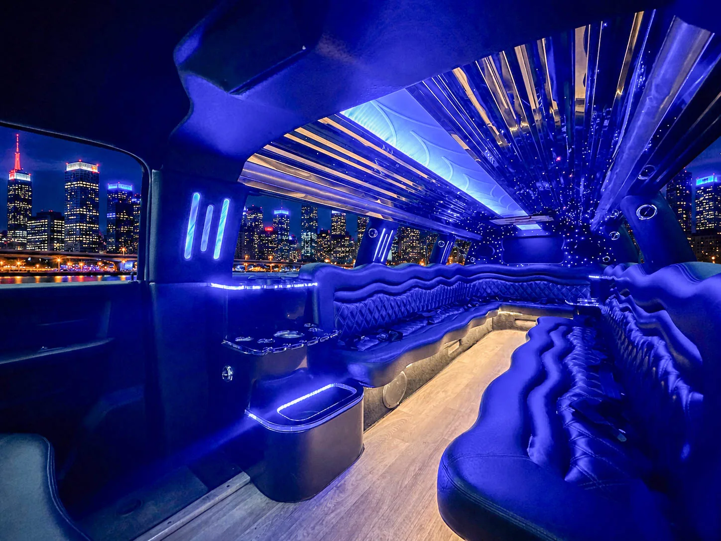 image of 16 passenger white Dodge Ram stretched limousine interior