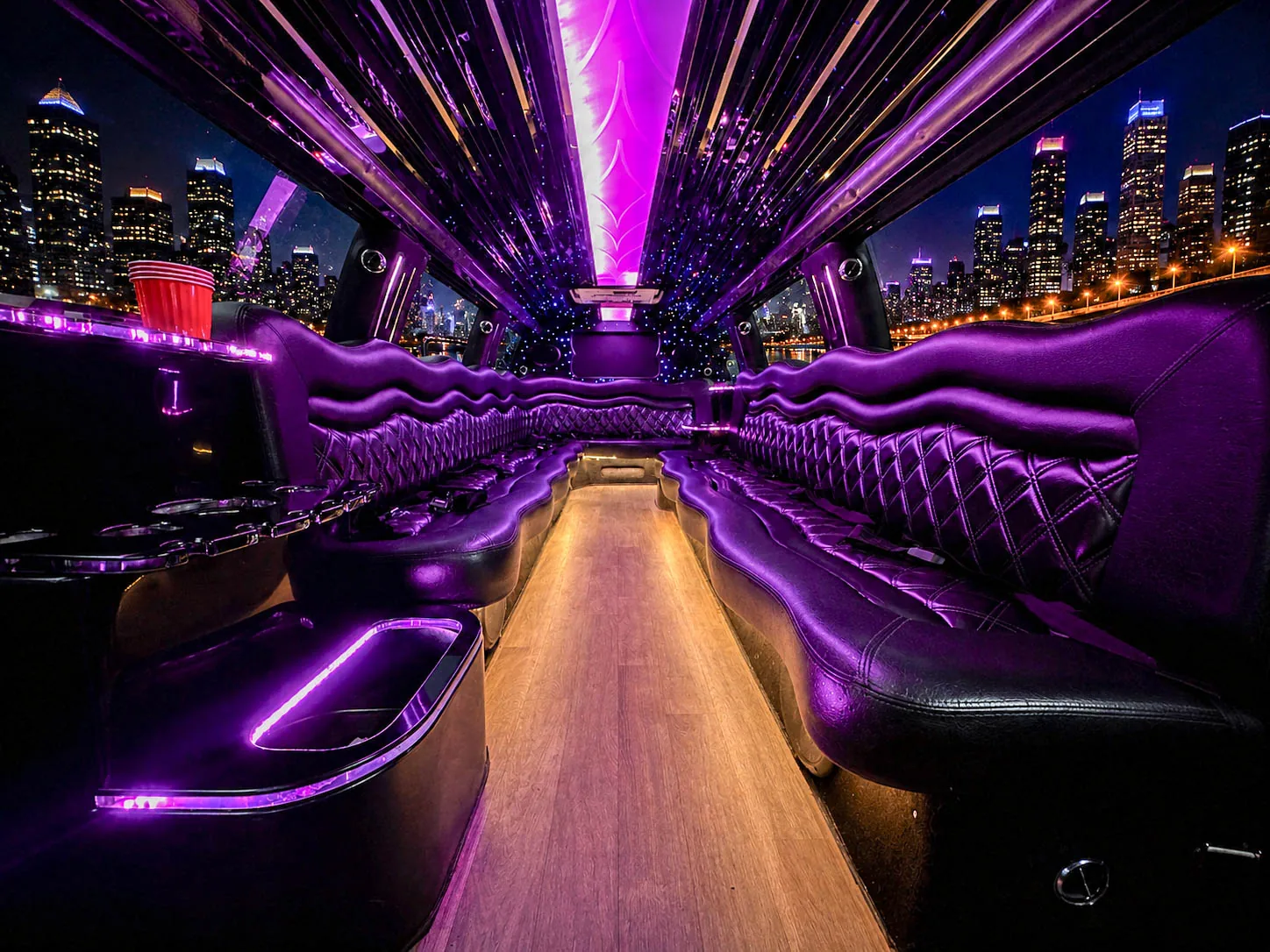 image of 16 passenger white Dodge Ram stretched limousine interior seating