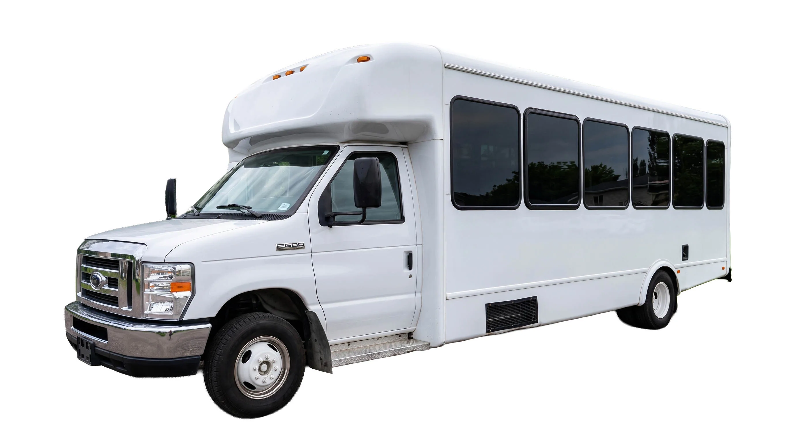 image of 28 passenger white Party Bus exterior front passenger side